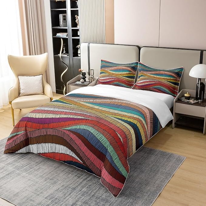100% Organic Cotton Boho Duvet Cover Queen Bohemian Wavy Bedding Set Rainbow Embroidered Waves Comforter Cover Geometric Tribal Ethnic Bedroom Decor Colorful Abstract Quilt Cover For Adult