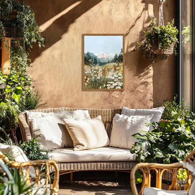 Framed Boho Landscape Wall Art, Colorful Floral Mountain Pictures Wall Decor, Vintage Wildflower Nature Paintings Canvas Prints Rustic Home Decor for Living Room Bedroom Office 16x24 inch
