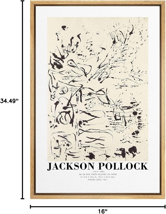 SIGNLEADER Framed Canvas Print Wall Art Jackson Pollock Ink Rice Paper Sketch Abstract Shapes Illustrations Fine Art Decorative Minimalist Relax/Calm for Living Room, Bedroom, Office - 16"x24" NATURAL