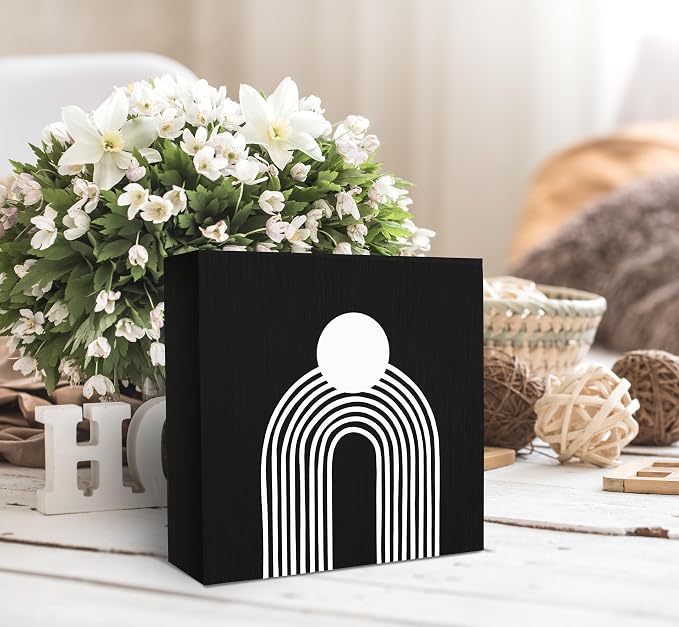 SRADMO Boho Sun Rainbow Abstract Geometric Balance Arch Shapes Wood Box Sign Desk Decor, Black Boho Mid Century Modern Art Wooden Box Sign Decor for Home Office Shelf Table Decorative Accessories