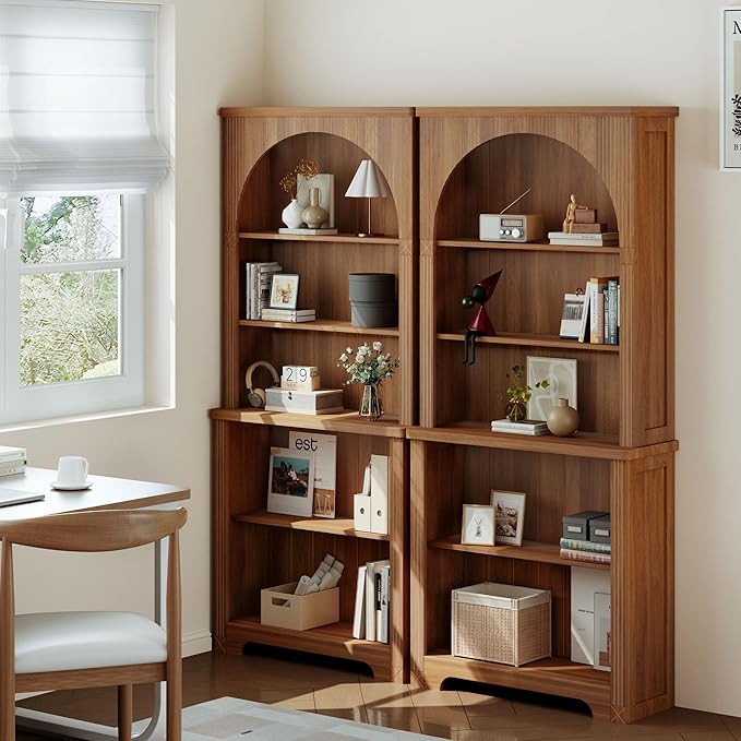 Janmer Home 71'' Tall Arched Bookshelf, Mid Century Modern Curved Bookcase with 5-Tier Storage Shelves, Freestanding Open Display Shelf for Home Office, Living Room (Walnut, 71inch-1PC)