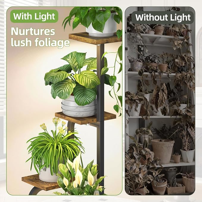 iDavosic.ly Tall Plant Stand Indoor with Grow Light, 4 Tier Corner Multiple Flower Holder Shelf with Wooden Trays, Space Saving Display Rack for Living Room Balcony Patio Porch | Black & Brown