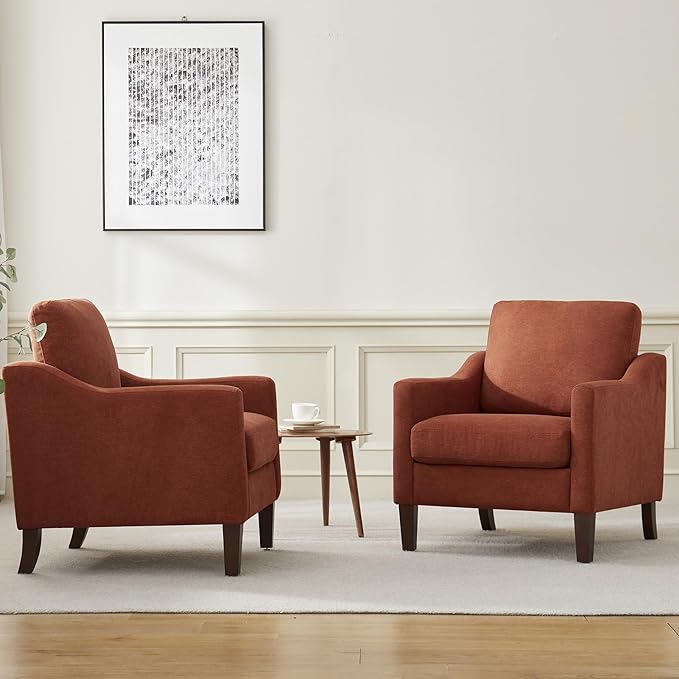 VKNOW Mid Century Modern Accent Chair, Upholstered Living Room Chairs Armchair for Bedroom, Comfy Reading Accent Chairs with Wood Legs for Living Room (2, Orange)