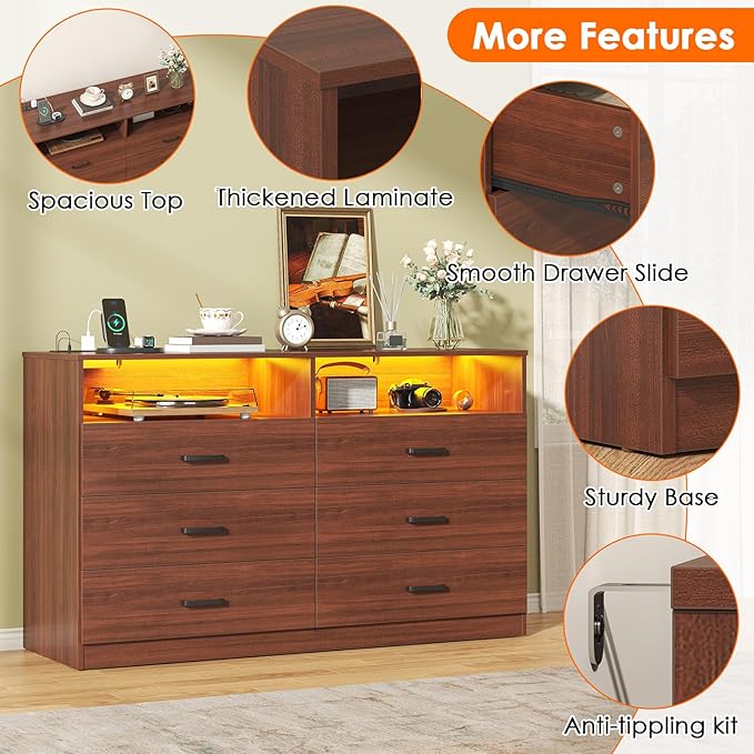 Bigbiglife Dresser for Bedroom, 6 Drawer Dresser with Charging Station and Led Light, Modern Chest of Drawers for Bedroom, Living Room (Walnut Brown)