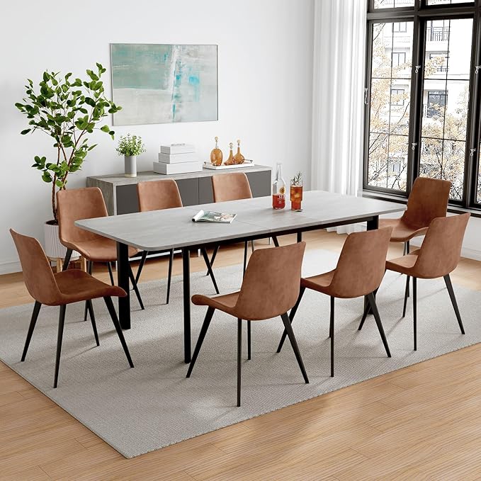 63"- 78.7" Extendable Dining Table Set for 8, Modern Kitchen Table with 8 PU Leather Chairs, Thickened Expandable MDF Wooden Table with Metal Legs for Dining Room, Kitchen, Office