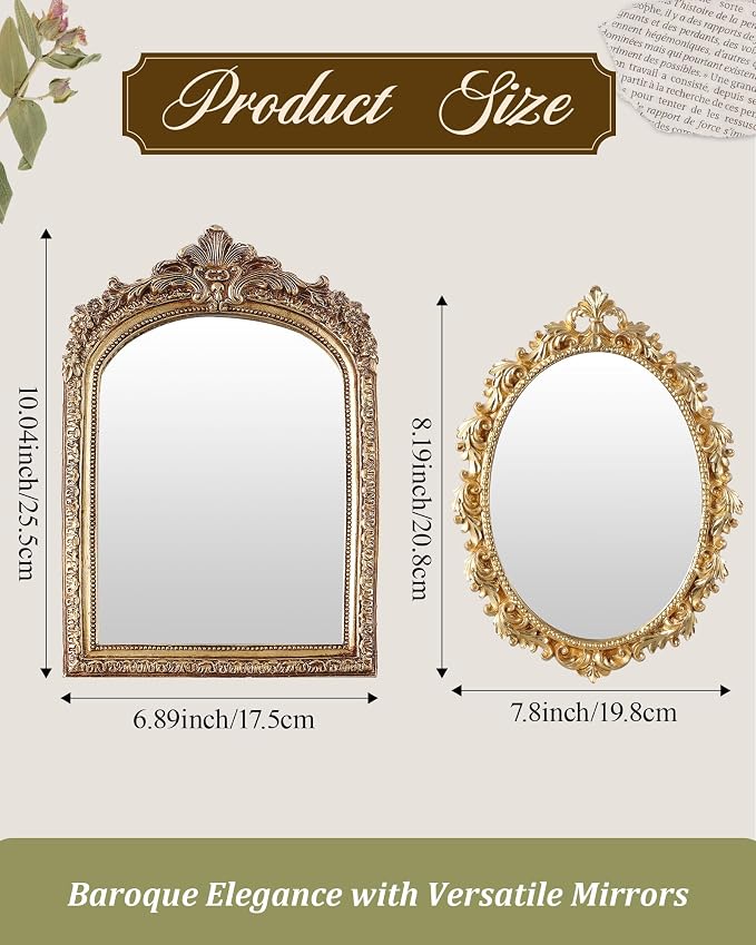 Wonderjune 3 Pcs Vintage Gold Mirror Set Wall Decorative, 8-15in Vintage Wall Mirror Hanging Antique Hanging with Stand for Living Room Home Wedding Decor(Retro Mixed Style, 12in/10in/8in)