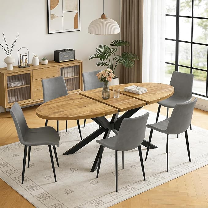 63"-78.7" Extendable Round Dining Table Set for 6, 7 Piece Mid Century Modern Oval Kitchen Table Set, Large Dining Table with 6 Dining Chairs for Living Room Space Saving（Walnut Table+6 Grey Chairs)