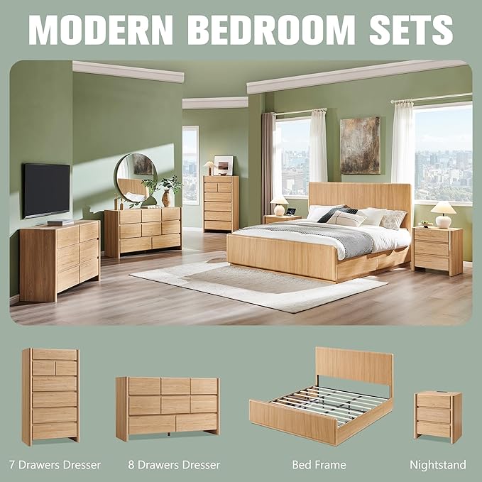 25" Tall Modern Nightstand with Charging Station, 23.6" W Nightstand with 3 Storage Drawers & Open Shelf, Wood Night Stand w/Rounded Corner Design for Bedroom, Living Room (Natural)