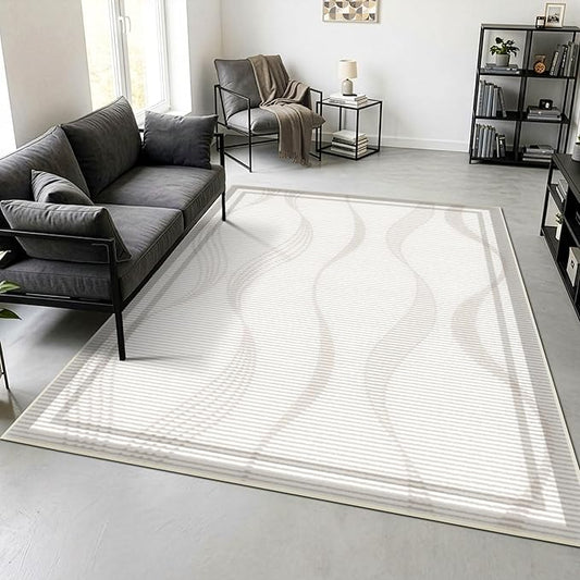Merelax 5x8 Area Rug for Livingroom Bedroom - Washable Non-Slip Large Area Rug, Indoor Floor Carpet Low Pile Soft Rug for Dining Room, Mudroom, Modern Aesthetic Abstract Geometric Decor,Beige