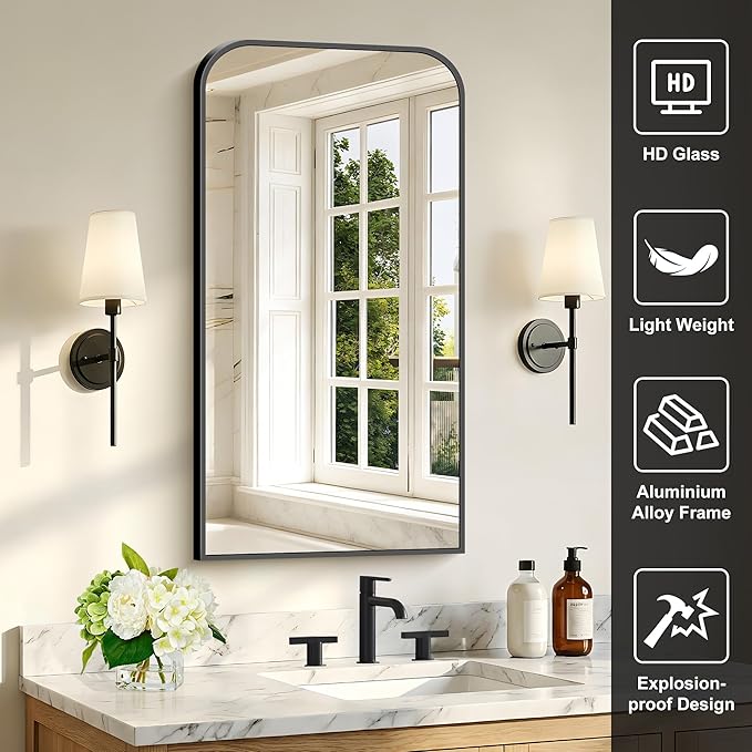 Bathroom Mirror, 20x36 inch Black Rectangle Wall Mounted Mirror with Thin Frame, Bathroom Vanity Mirrors for Over Sink, Entryway, Living Room, Bedroom