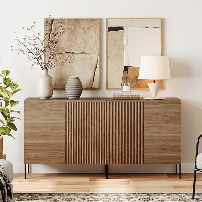 WAMPAT 63" Sideboard Buffet Cabinet with 4 Doors and Adjustable Shelves, Fluted Storage Cabinet, Modern Credenza Coffee Bar Wine Bar Table for Kitchen, Dining Room, Living Room, Light Walnut