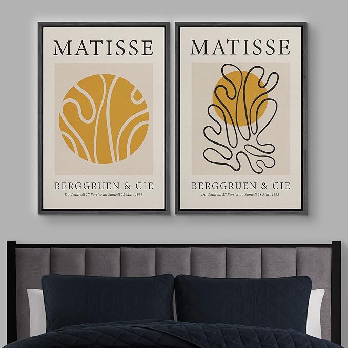 IDEA4WALL Framed Canvas Print Wall Art Set Matisse Yellow Geometric Wave Floral Collage Abstract Shapes Illustrations Modern Art Decorative for Living Room, Bedroom, Office - 16"x24"x2 Black
