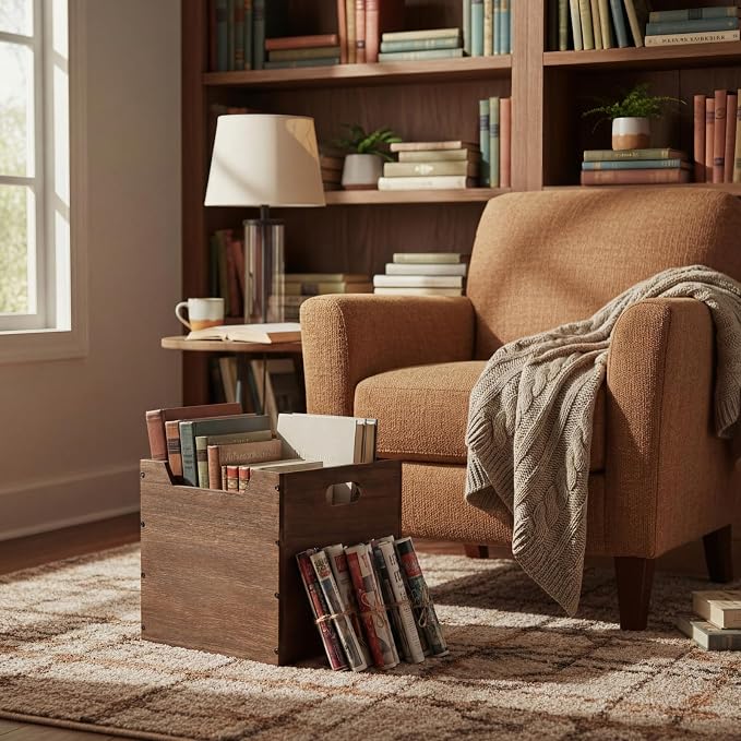 Colingmill 2 Pack Wooden Storage Box Bins Wood Crate with Open Front Stackable Cube Storage Organizer Bins for Books Records Home Pantry Clothes Toy Closet (11 Inch,Brown)
