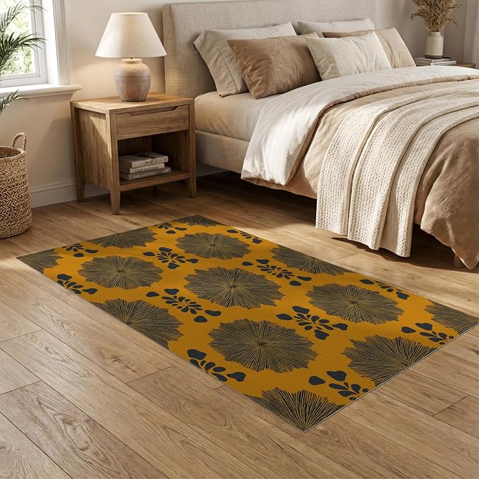 5'x7' Washable Abstract Geometric Area Rug, Mustard Yellow Flatwoven Floor Covering for Dining Room, Under Table, Home Office, Non-Slip Chair-Friendly Carpet | Ref:2229843