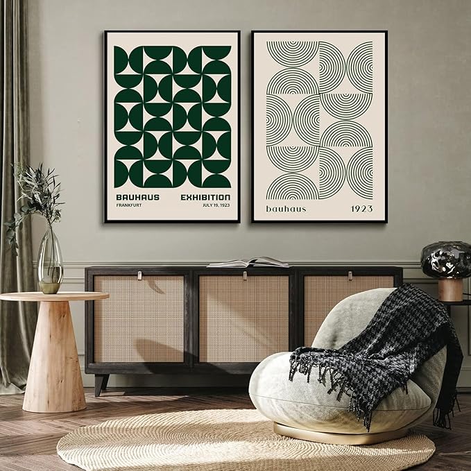 2Pcs Bauhaus Mid Century Modern Wall Art Retro Exhibition Posters Prints Green Boho Geometric Abstract Minimalist Wall Decor Pictures for Bedroom iving Room Dining Room UNFRAMED (Green, 12x16in)