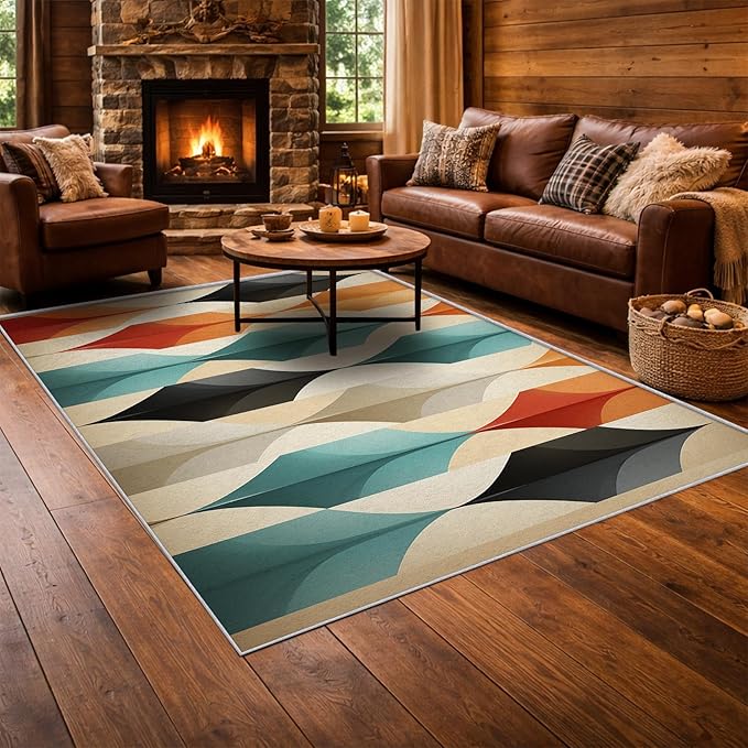 Mid Century Modern Area Rug 3x5, Washable Non Slip Low Pile Abstract Geometric Carpet for Living Room Bedroom Dining Room, Contemporary Retro Accent Rug, Ivory Teal Orange Black