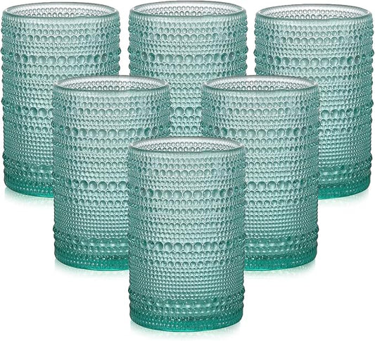 ZMOWIPDL Vintage Glassware Drinking Glasses Set of 6,15 oz Hobnail Glass Cups,Embossed Lake Blue Water Tumbler,for Beer,Cocktail,Whiskey,Juice and Various Mixed Drinks- 1 Cleaning Brush