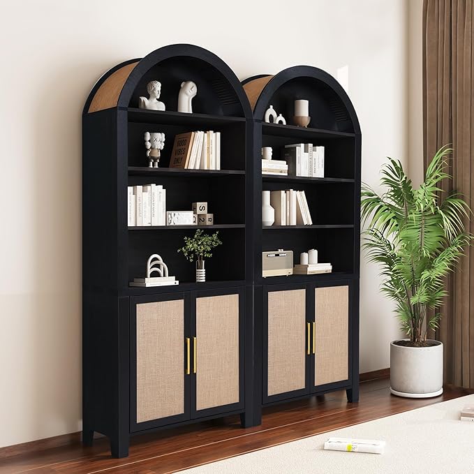 Janmer Home 71" Tall Arched Bookcase with Storage, Modern 6-Tier Arch Cabinet with Door, Arched Bookshelf Cabinet with Open Display Storage Shelf for Living Room (Black,)