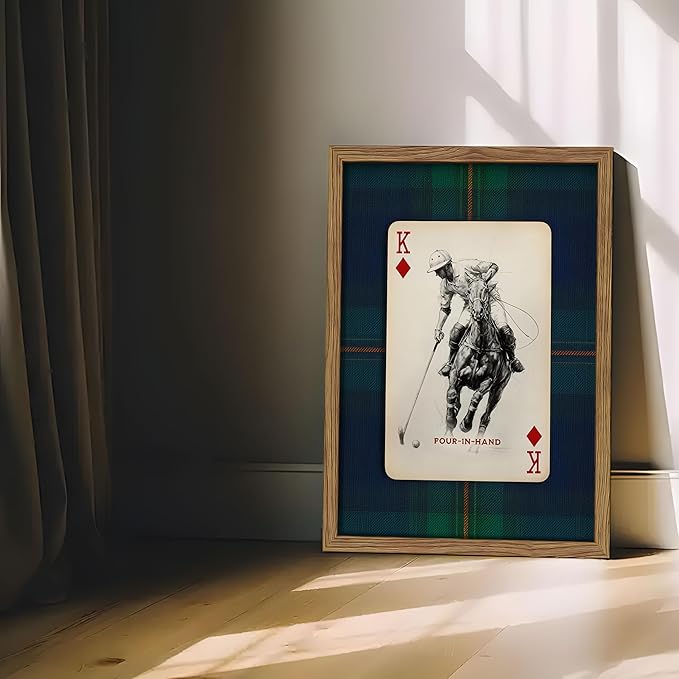 Framed Vintage Playing Card Wall Art Set of 2, Classic Polo Rider and Race Horse Canvas Prints, Retro Equestrian Sketch Poster, Old-Money Sports Wall Decor for Study Home Office Game Room 16x24in