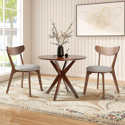 ERGOMASTER 3-Piece Dining Table Set for 2, 36" Kitchen Round Table with 2 Chairs, Rubber Wood Legs, Brown