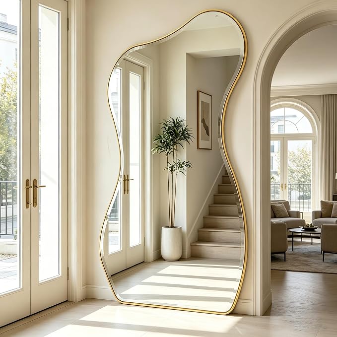 POZINO Irregular Beveled Mirror Full Length, 66.8"x33.5" Asymmetrical Aesthetic Wall Mirror with Metal Frame, Large Organic Floor Mirrors for Entryway Bedroom Living Room Cloakroom, Leaning/Wall-Mount