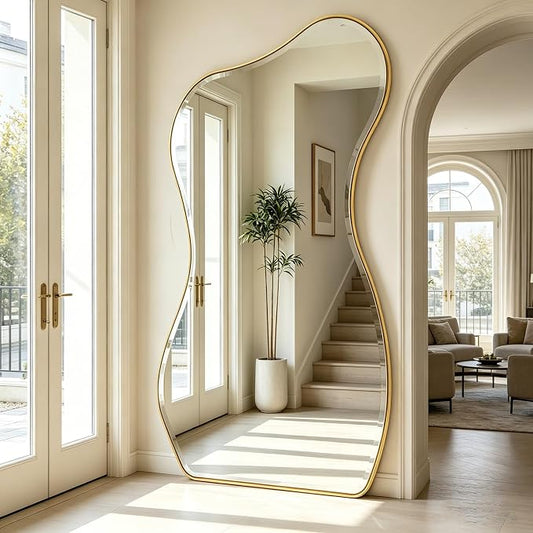POZINO Irregular Beveled Mirror Full Length, 66.8"x33.5" Asymmetrical Aesthetic Wall Mirror with Metal Frame, Large Organic Floor Mirrors for Entryway Bedroom Living Room Cloakroom, Leaning/Wall-Mount