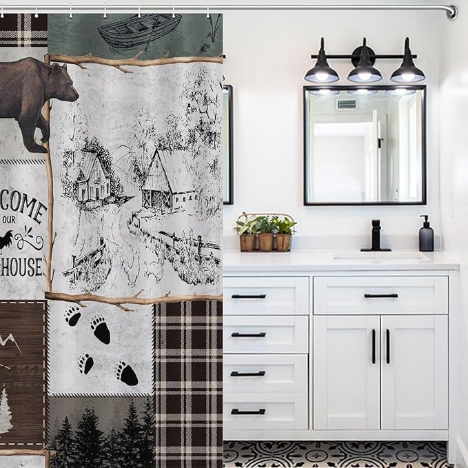 Rustic Cabin Vintage Bear Shower Curtain Country Lodge Deer Mountain Forest Farmhouse Waterproof Shower Curtains for Bathroom Decor 12 Pack Hooks 55x72in（140x183cm）