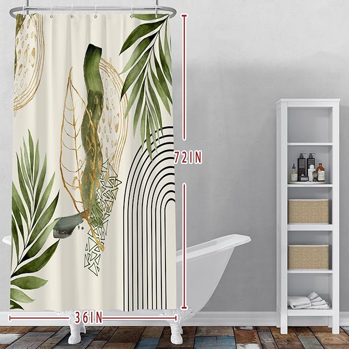 Baocicco Boho Shower Curtain Green Gold Leaves Modern Abstract Geometric Minimalist Shower Curtains Decorative for Bathroom Waterproof Fabric Shower Curtain with Hooks 72x72 Inches
