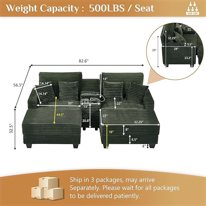 Oversized Chaise Lounge Chair Indoor with Storage & USB, Cup Holder & Ottoman, Firm Solid Wood Frame with Long Service Life Corduroy Oversized Lounge Reading Chair for Large Study Room - Green