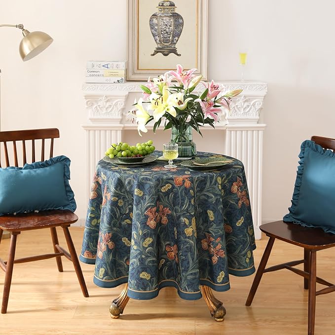 patdrea Designer Vintage Dark Blue Linen Round Tablecloth,French Rustic Floral Pattern Tablecloths,Decorative Table Cover Cloth for Kitchen,Dining,Tea Party,Home,Christmas,Diameter 67"