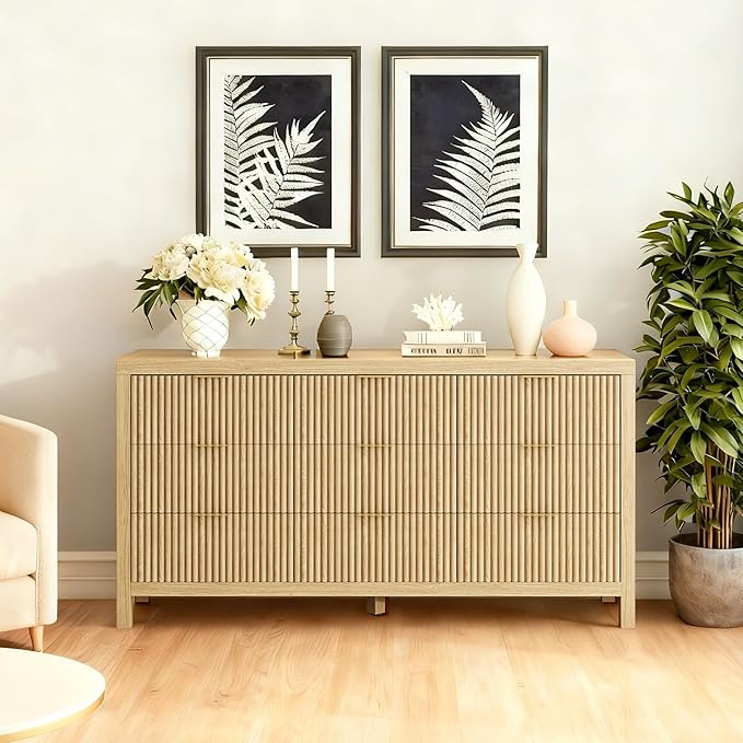 ZXSHD 9 Drawers, Modern Large Chest Mid Century Modern Dresser TV Stand, Storage Organizer Dresser with Solid Natural Wood Legs for Bedroom, Living Room, Hallway, Natural Oak
