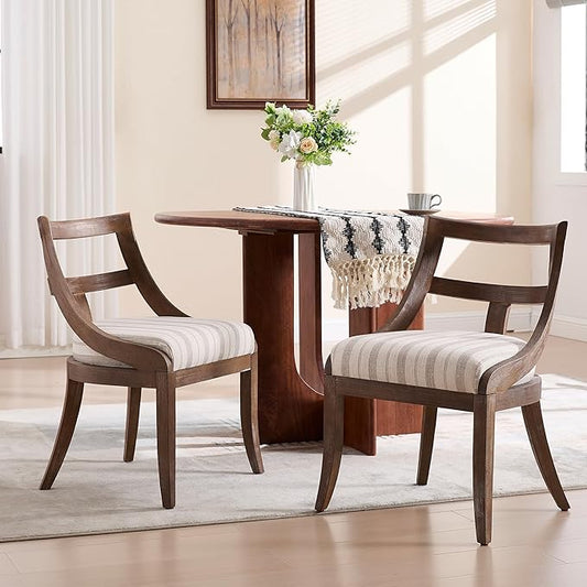 Modern Farmhouse Dining Chairs Set of 2 Mid Century Upholstered Dining Chair with Wooden Curved Back Kitchen Chairs for Dining Room Restaurant Cafe, Brown Walnut Colored-Linen Khaki Stripe