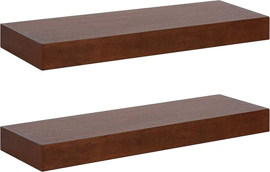 Kate and Laurel Havlock Modern Floating Shelves, Set of 2, Walnut Brown, Mid-Century Storage and Display Shelves for Wall