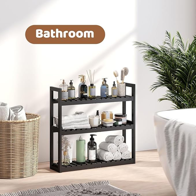 Bathroom Shelf Bamboo Organizer Rack Adjustable 3-Tier Storage Shelf Wall Mounted Storage Rack Over The Toilet Utility Shelves Living Room Kitchen Shelf(Black)