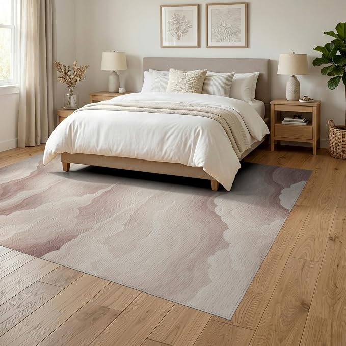 6'x9' Washable Flatwoven Rug, Taupe Watercolor Wave Stain Resistant Large Carpet Non-Slip Chair-Friendly Floor Mat for Dining Room, Under Table, Office | Ref:2208258