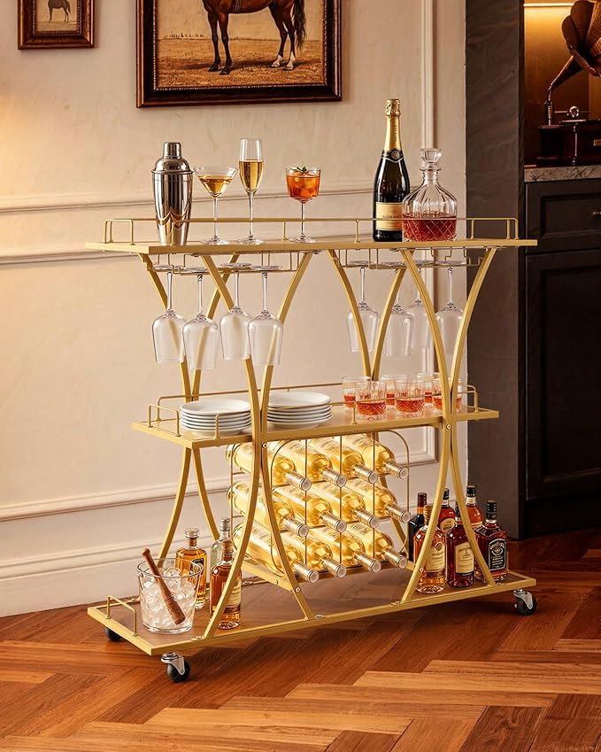 VEVOR Bar Cart, 3 Tiers Home Kitchen Serving Carts, Modern Rolling Utility Station on Wheels, Drink Beverage Trolley with Tempered Glass Shelves, Wine Rack, Glass Holder, for Living Dining Room, Gold