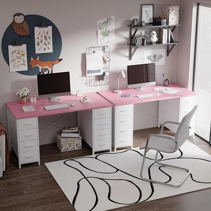 Pamray 47 Inch Computer Desk with 8 Fabric Drawers PC Gaming Desk Home Office Study Work Writing Table for Bedroom Pink
