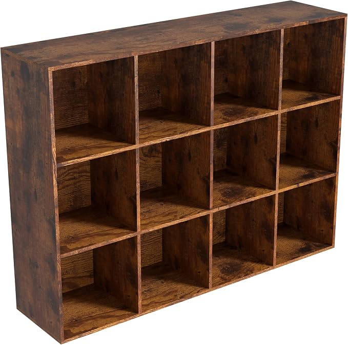 Wooden 12 Cube Storage Organizer with Closed Back Panel,Brown Cube Shelf Cubby Storage Organizer with Compartments for Living,Bookshelf, Easy to Install (Retro Brown, 12-Cube-11in)