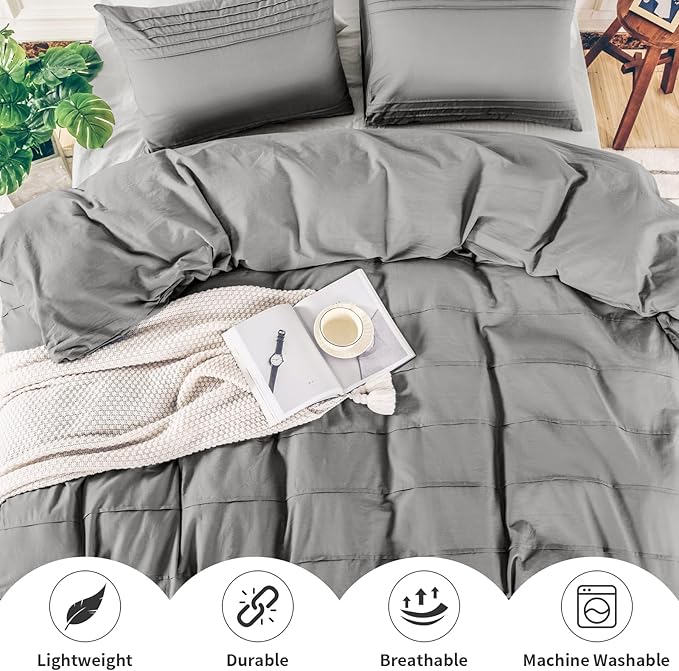 NEXHOME PRO 100% Washed Cotton Duvet Cover Twin Size, Linen Pleated Duvet Cover Set Light Grey, 2pc Organic Bedding Set with Zipper Closure, Soft, Lightweight and Breathable (68"x90", No Comforter)