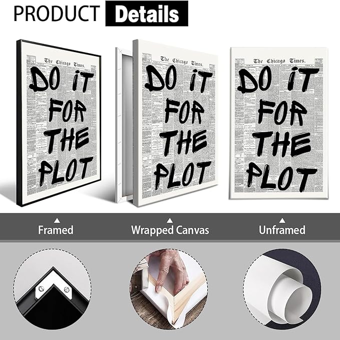 Retro Black And White Newspaper Posters do it for the plot Canvas Wall Art Positive Affirming Quote Minimalist Prints Painting For Home Bedroom Dorm Wall Decor 12x16in Wrapped Canvas