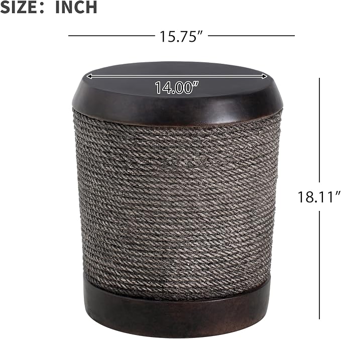 ø15.75'' Faux Concrete Cement Round Side Table End Table, Modern Contemporary Minimalist Retro Style, MGO Material for Indoor & Outdoor, No Assembly, Simulated Braided Cord, Dark Brown
