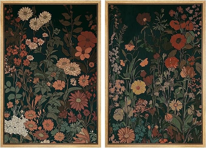 IDEA4WALL Framed Canvas Print Wall Art Set Vintage Wildflower Botanical Dark Green Floral Illustrations Modern Art Decorative Bohemian Calm/Zen for Living Room, Bedroom, Office - 16"x24"x2 Natural