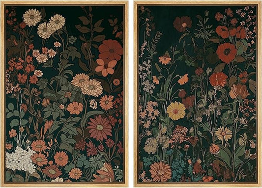 IDEA4WALL Framed Canvas Print Wall Art Set Vintage Wildflower Botanical Dark Green Floral Illustrations Modern Art Decorative Bohemian Calm/Zen for Living Room, Bedroom, Office - 16"x24"x2 Natural