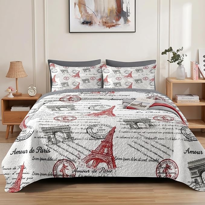 Pamnest Quilt Set Full/Queen Size, Paris Vintage Eiffel Tower 3 Pcs Soft Bed Cover Bedding Set for Kids and Adults, France Old Iron Lightweight Bedspread Coverlet with Pillow Sham for All Season