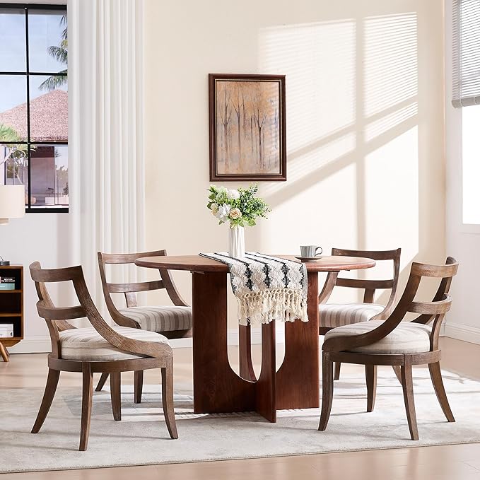 Modern Farmhouse Dining Chairs Set of 4 Mid Century Upholstered Dining Chair with Wooden Curved Back Kitchen Chairs for Dining Room Restaurant Cafe, Brown Walnut Colored-Linen Khaki Stripe