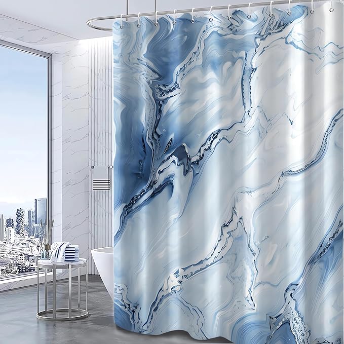 Blue Shower Curtain, Ombre Blue Marble Shower Curtain for Bathroom Modern Aesthetic Waterproof Shower Curtain Set with Hooks, 72x78 Inch