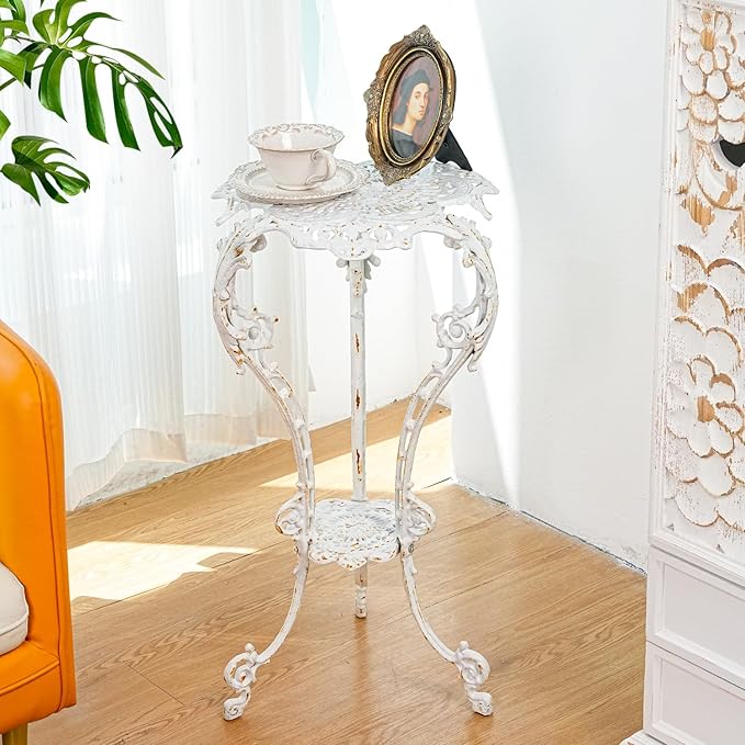 Sungmor Heavy-duty Cast Iron Plant Stand Patio Side Table, 15.3" Wide 27.5" Tall 2-layer Potted Pedestal, Vintage Rust White Planter Holder, Elegant Victorian Style Indoor Outdoor Decorative Pot Stand