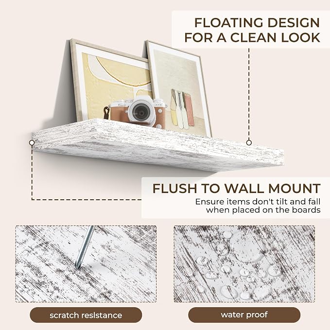 RICHFOCUS 36Inch Floating Shelves for Wall 2 Pack Shelves for Bedroom|Kitchen|Bathroom Wall Mounted Rustic Distressed Wood Floating Shelf with Invisible Brackets for Books|Storage|Decor, Rustic