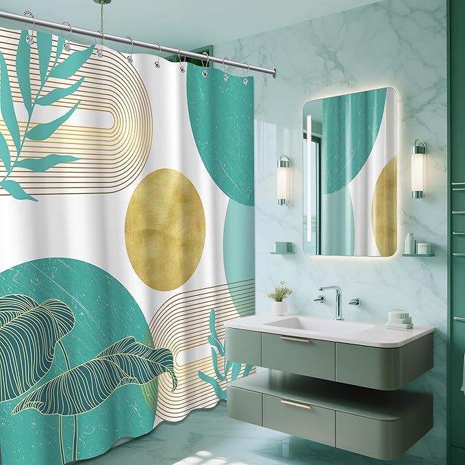Teal Blue and Gold Shower Curtain Turquoise Aqua and White Shower Curtains for Bathroom Decor Boho Mid Century Bath Curtain Set, Waterproof Fabric with Hooks 60 x 72 Inch