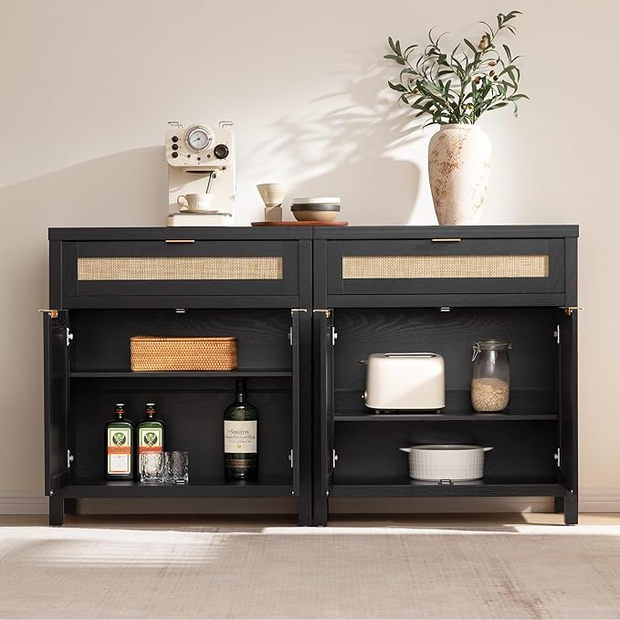 SICOTAS Sideboard Buffet Storage Cabinet Set of 2, Rattan Credenza Buffet Table, Modern Console Accent Cabinet with Doors and Drawer, Coffee Bar Cabinets for Kitchen Entryway Living Room, Black